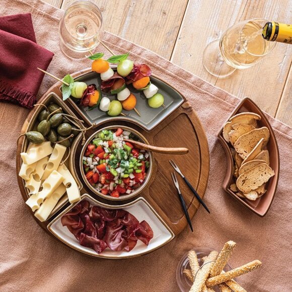 over&back Options Lazy Susan, 6-piece Stoneware and Acacia Wood Serverware - Picture 6 of 6